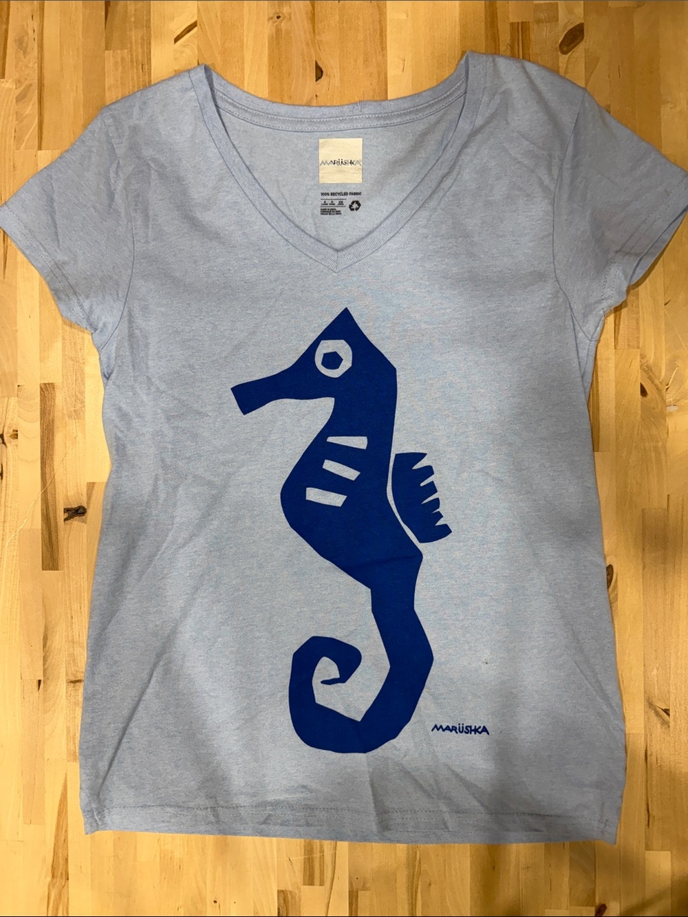 Marushka Light Blue V-Neck Short Sleeve Tee with Navy Seahorse Graphic